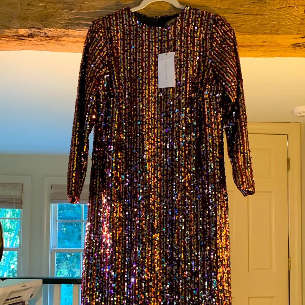 Zara Rainbow Sequin Long Sleeve Cocktail Dress